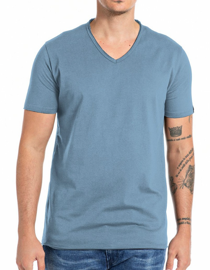 REPLAY BAUMWOLL-T-SHIRT MIT V-AUSSCHNITT BLAUGRAU M3591A